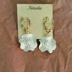 Gold & White Leather Flower Earrings